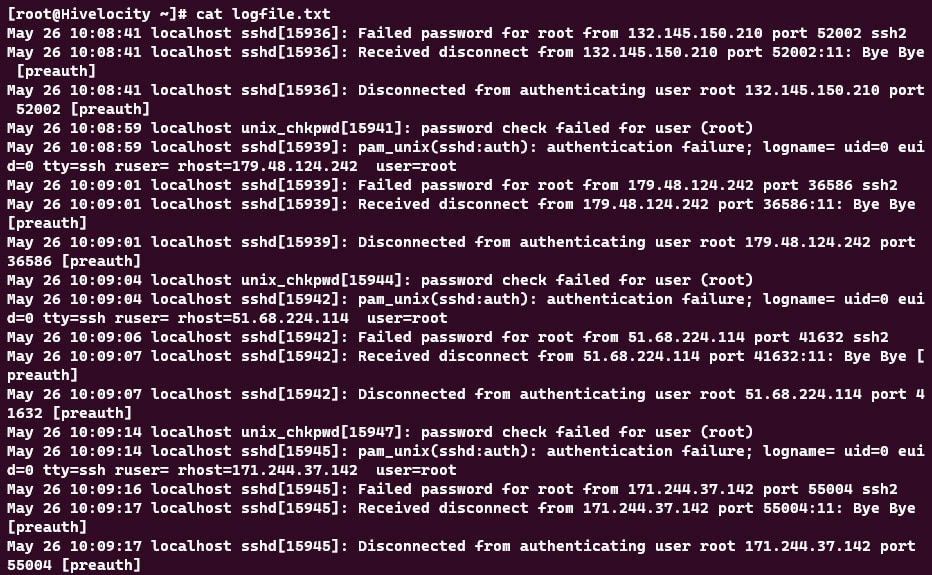 Screenshot showing the results of the cat logfile.txt command.