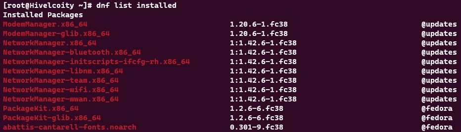 Screenshot showing the results of the dnf list installed command.