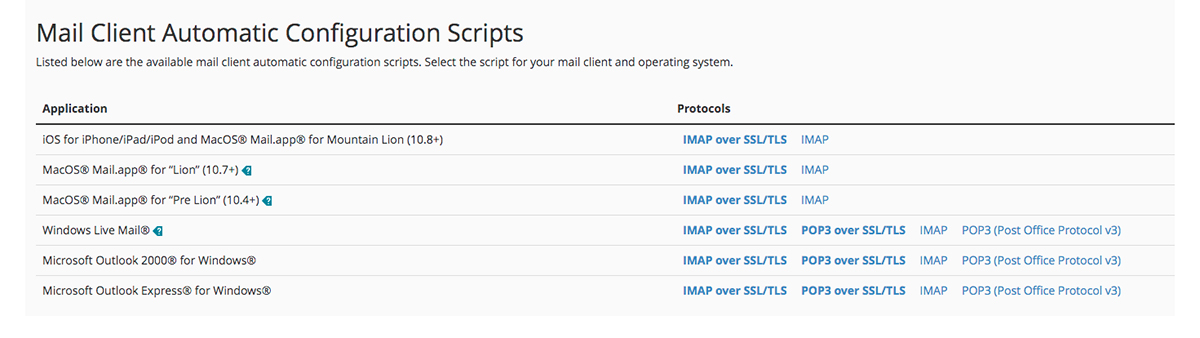 Screenshot of the cPanel Mail Client Automatic Configuration Scripts page