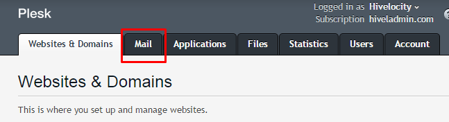 Mail tab within Plesk 