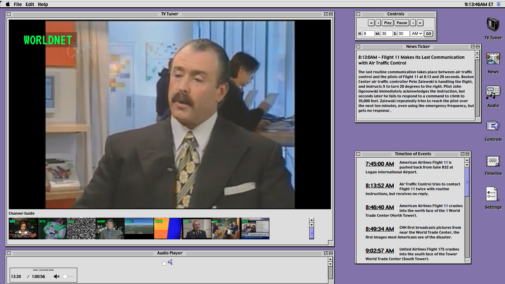 Screenshot of the 9/11 in Realtime project showing the user interface and video options